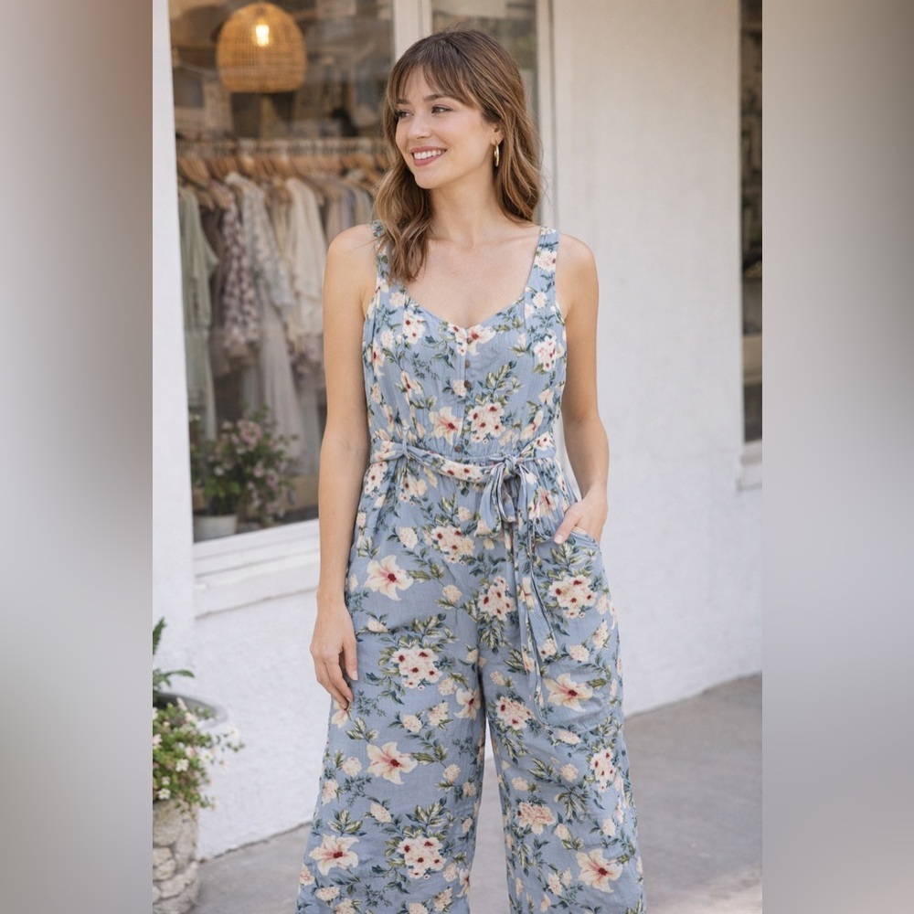 Dex Floral Print Jumpsuit in Blue and White floral- Wide Leg